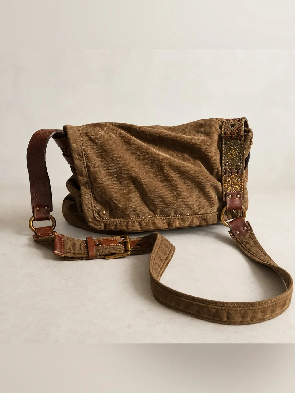 Fossil Vintage F5032 Olive Green Brown Canvas Leather Crossbody Messenger Bag